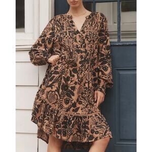 Anthropologie Pintuck Flouncy Pajama Dress in Brown Motif Floral Size Medium